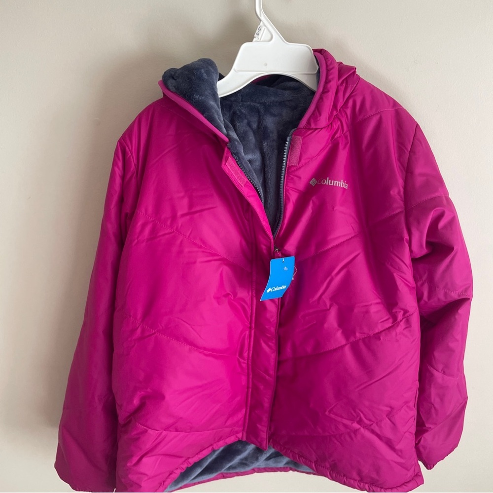 New Columbia Girl's Big Fir Reversible Jacket Pink Gray Ski Fuchsia Kids Size XL